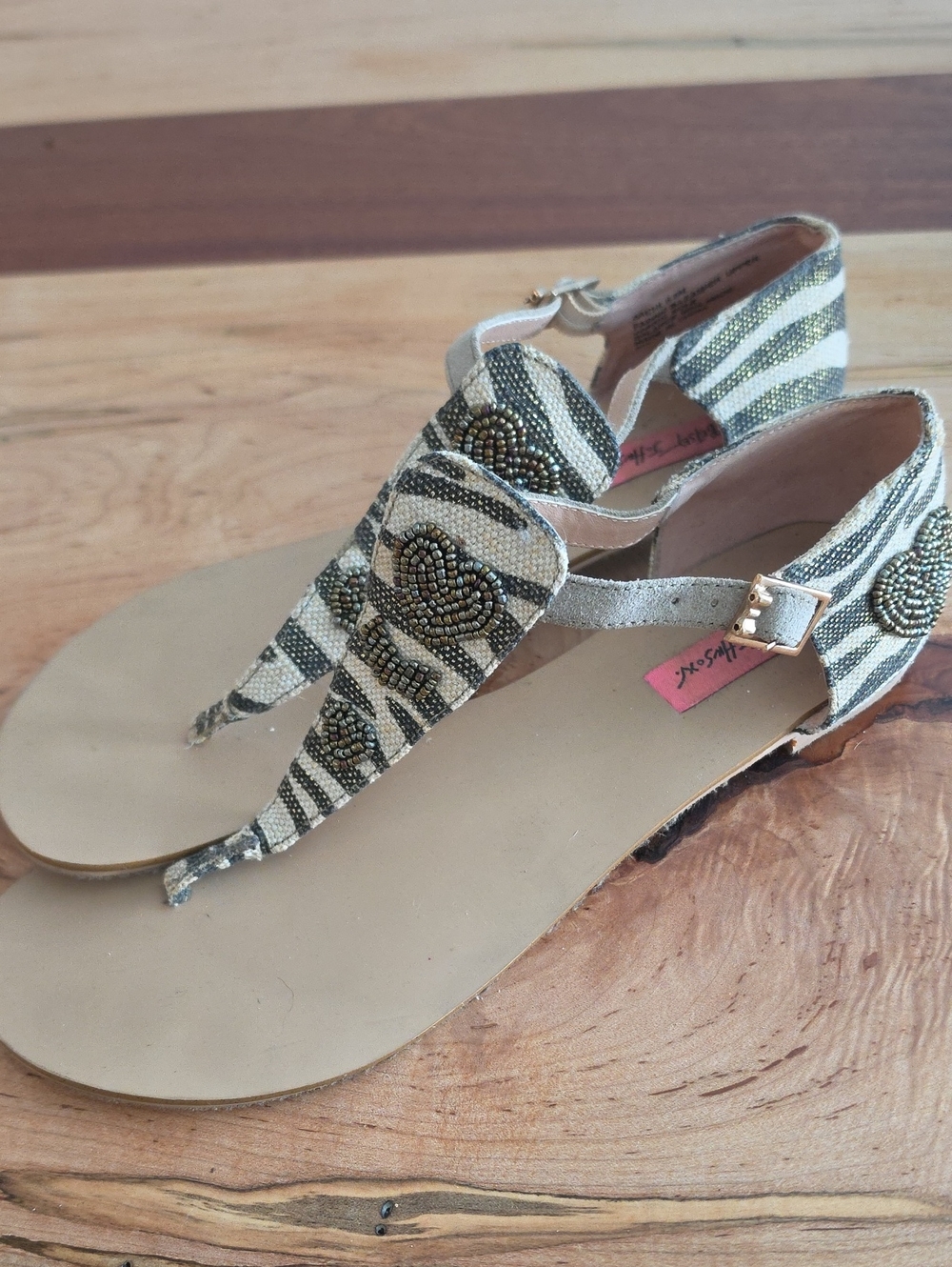Betsey Johnson Beige and Black Zebra Beaded Thong Sandals